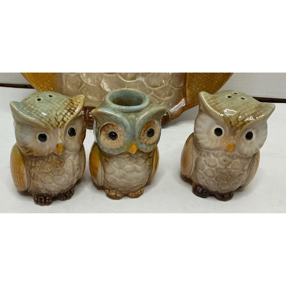Vintage Owl Serving Bowl‎ Salt Pepper Shaker Toothpick Holder Set Brown Green